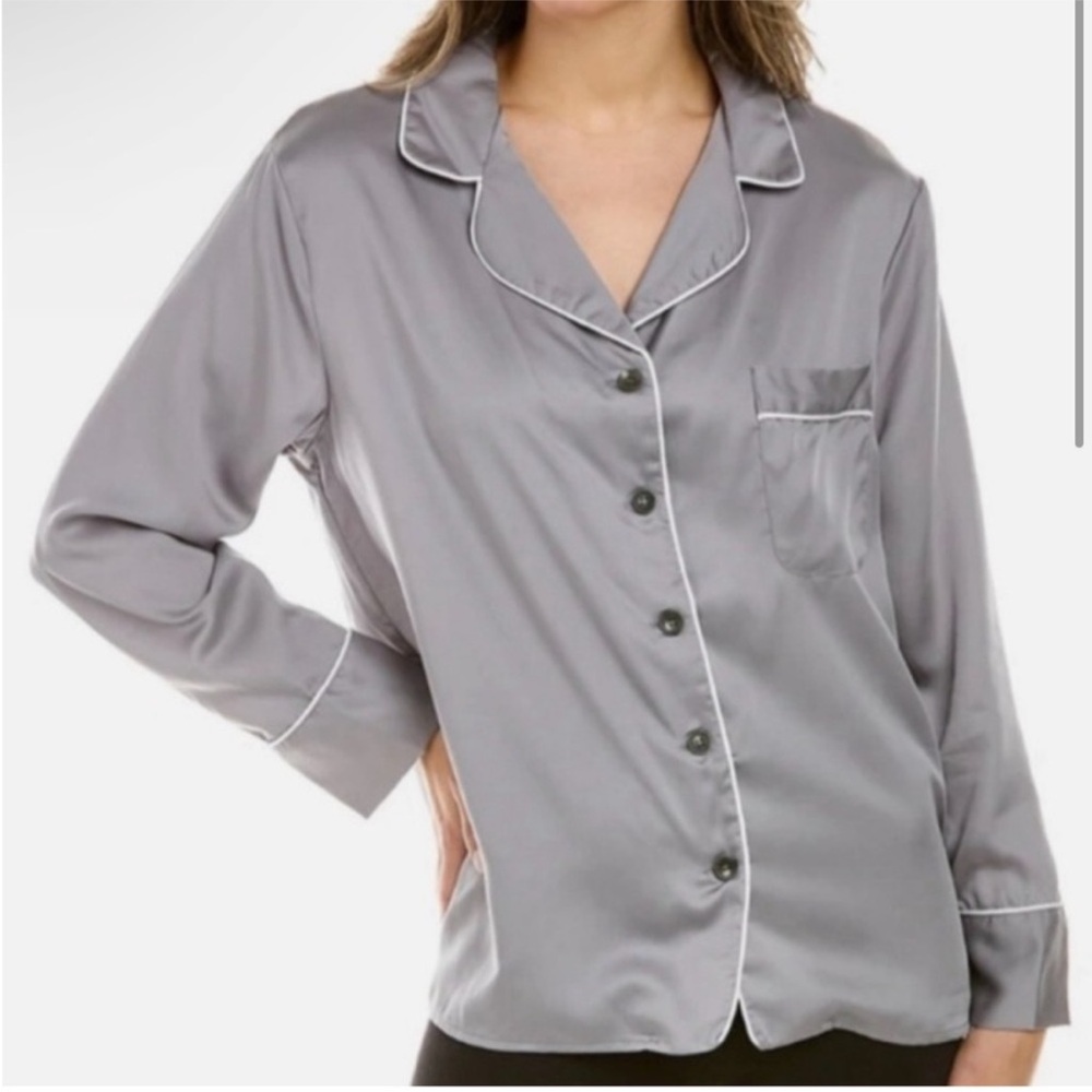 NEW Ettitude Fog Gray Pajama Long Sleeve Shirt Top with White Trim size S